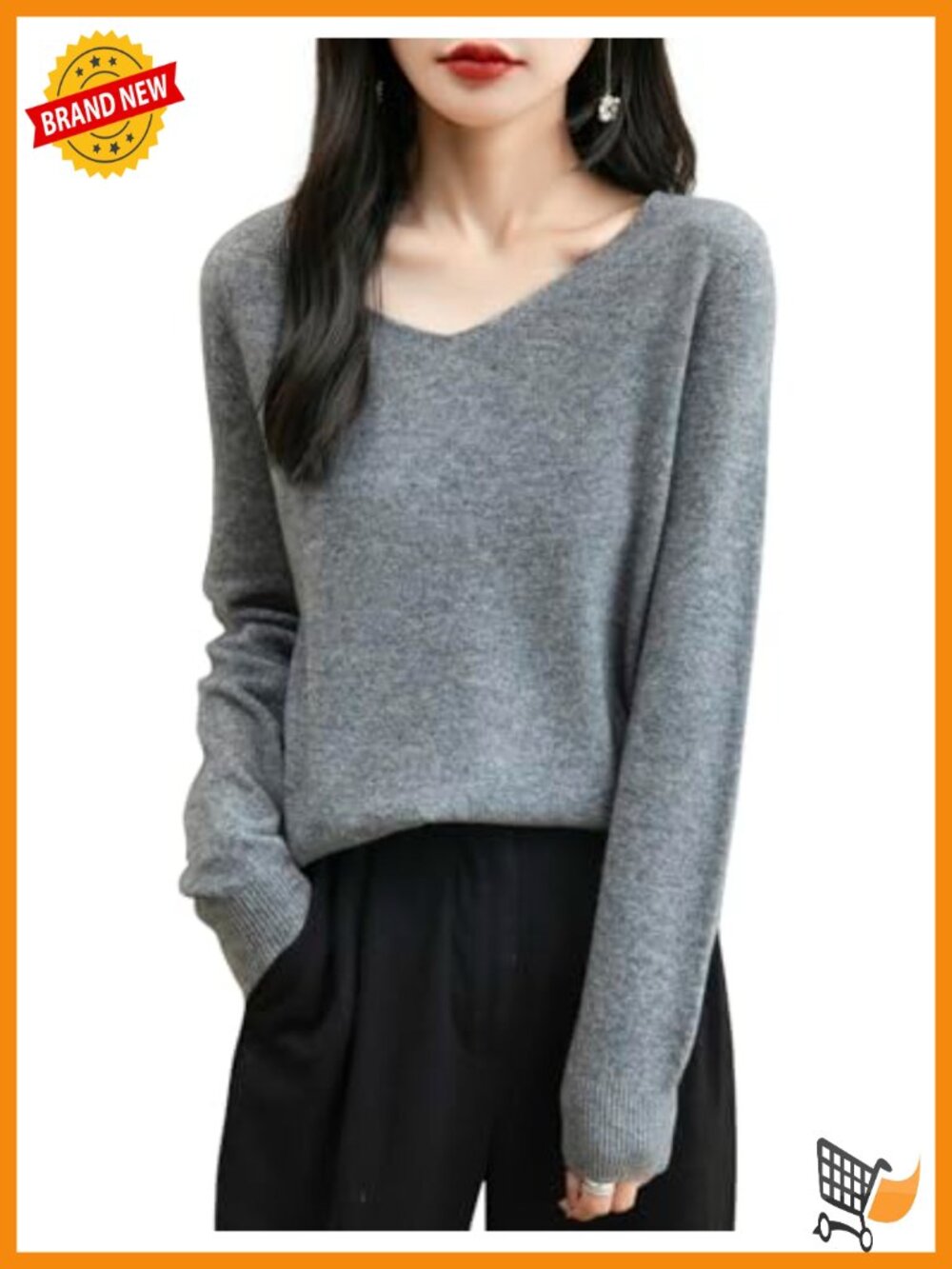 100% Merino Wool V-Neck Seamless Knit Pullover Sweater Long Sleeve